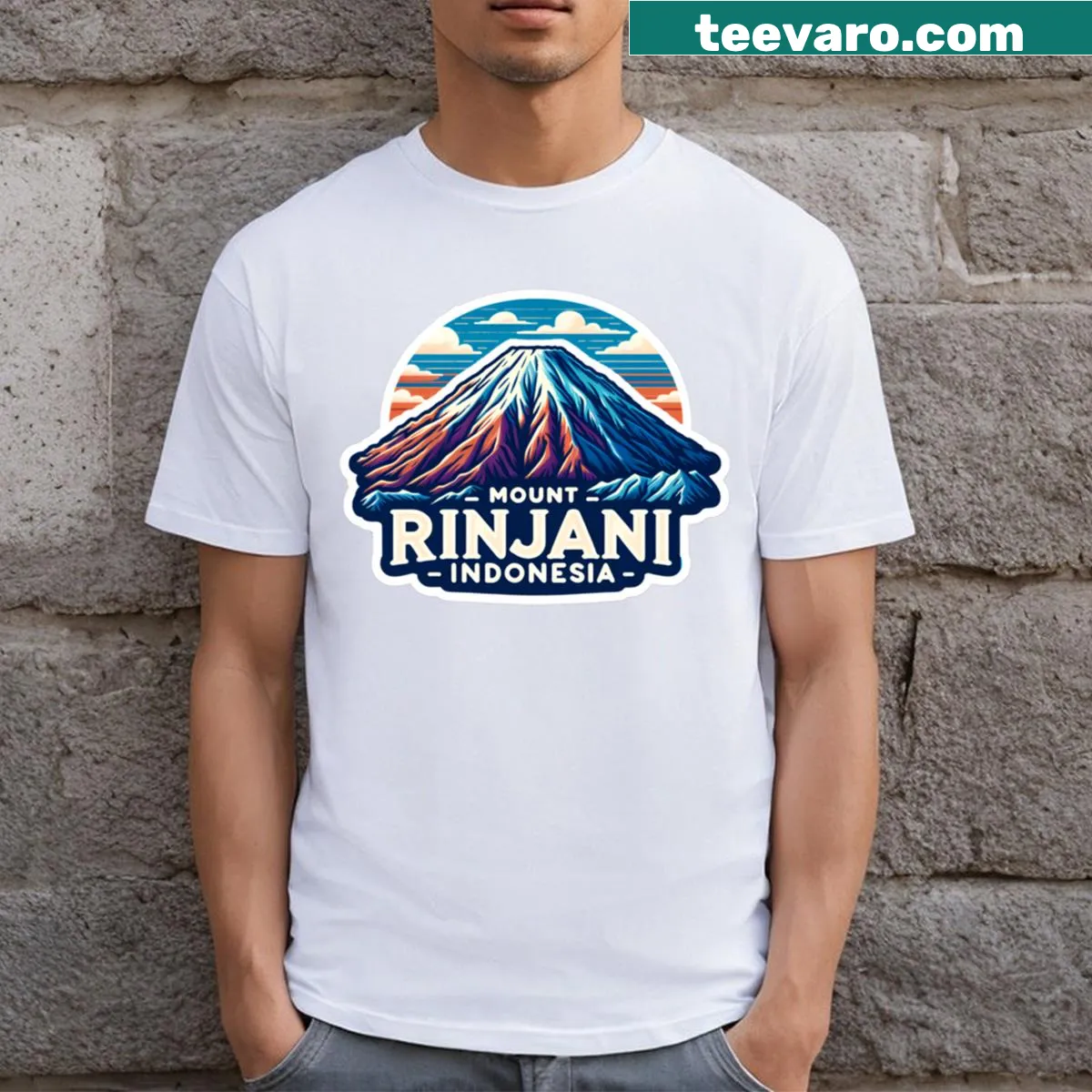 Illustrated t-shirt featuring Mount Rinjani in Indonesia — on a men's t-shirt