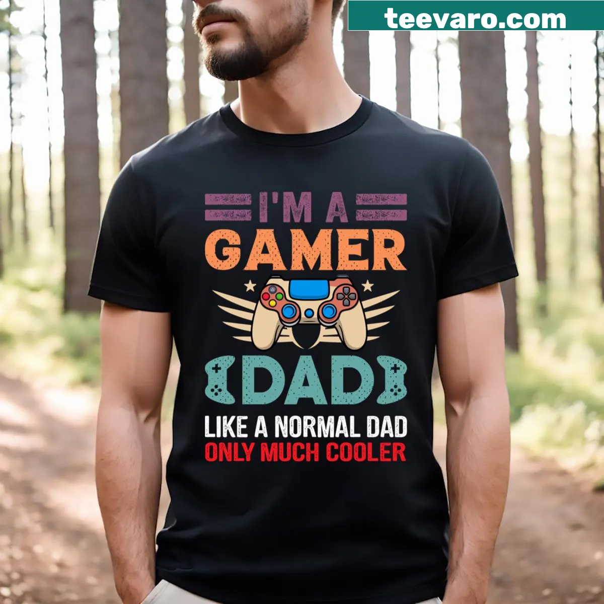 T-shirt for gamer dads with playful text and gaming imagery — on a men's t-shirt