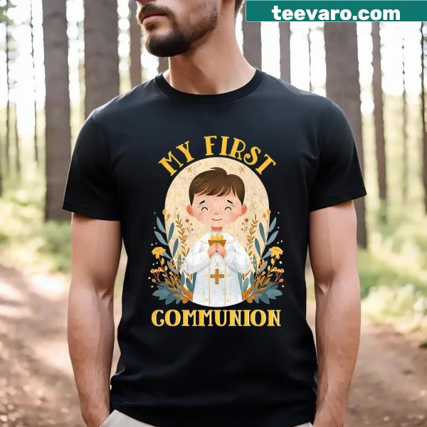 T-shirt celebrating a boy's first communion event.