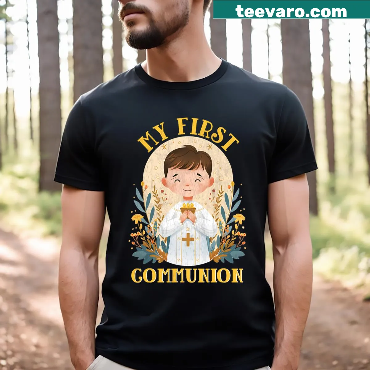 T-shirt celebrating a boy's first communion event. — on a men's t-shirt