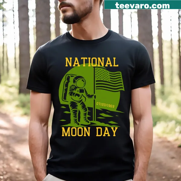 Whimsical moon graphic with stars on a National Moon Day t-shirt