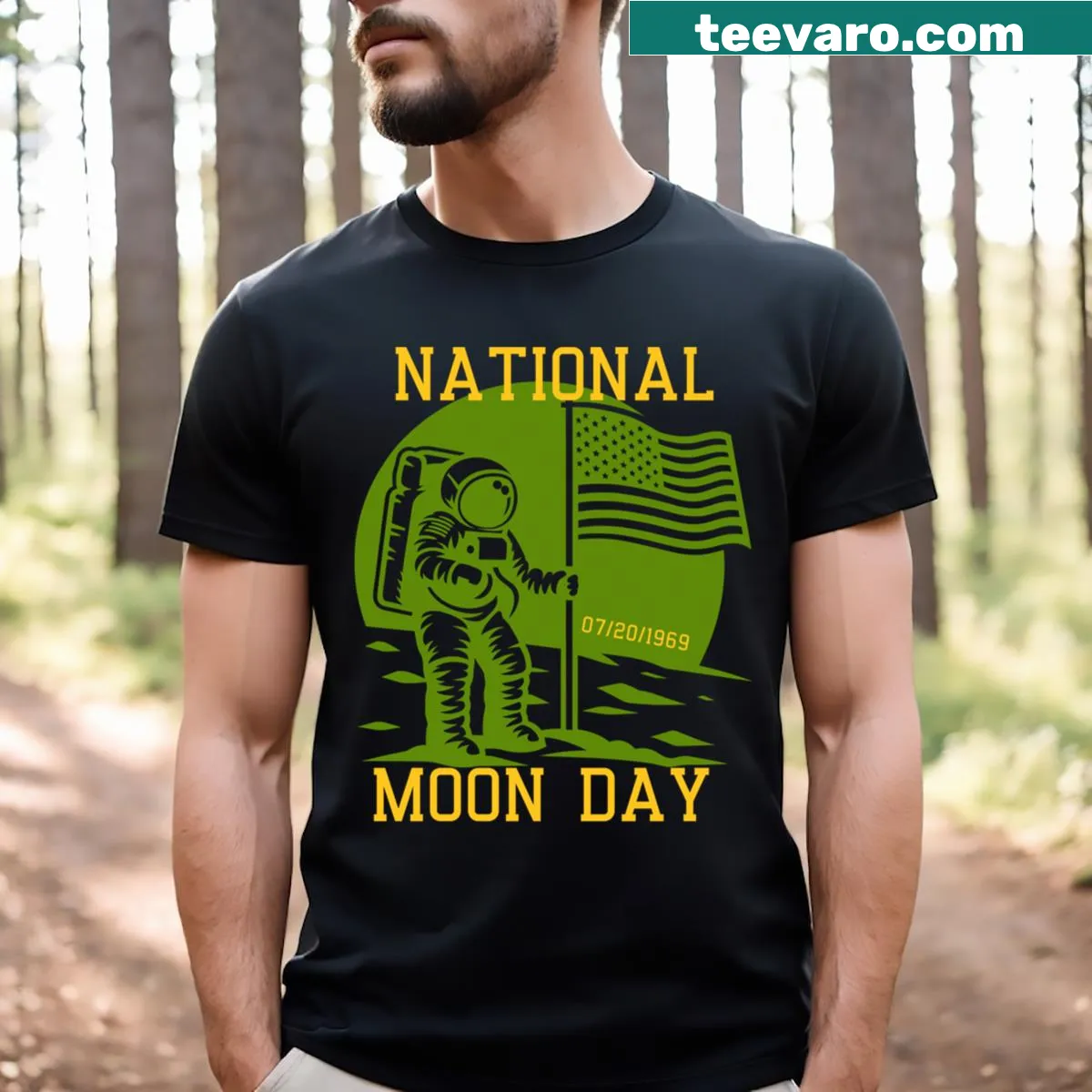 Whimsical moon graphic with stars on a National Moon Day t-shirt — on a men's t-shirt
