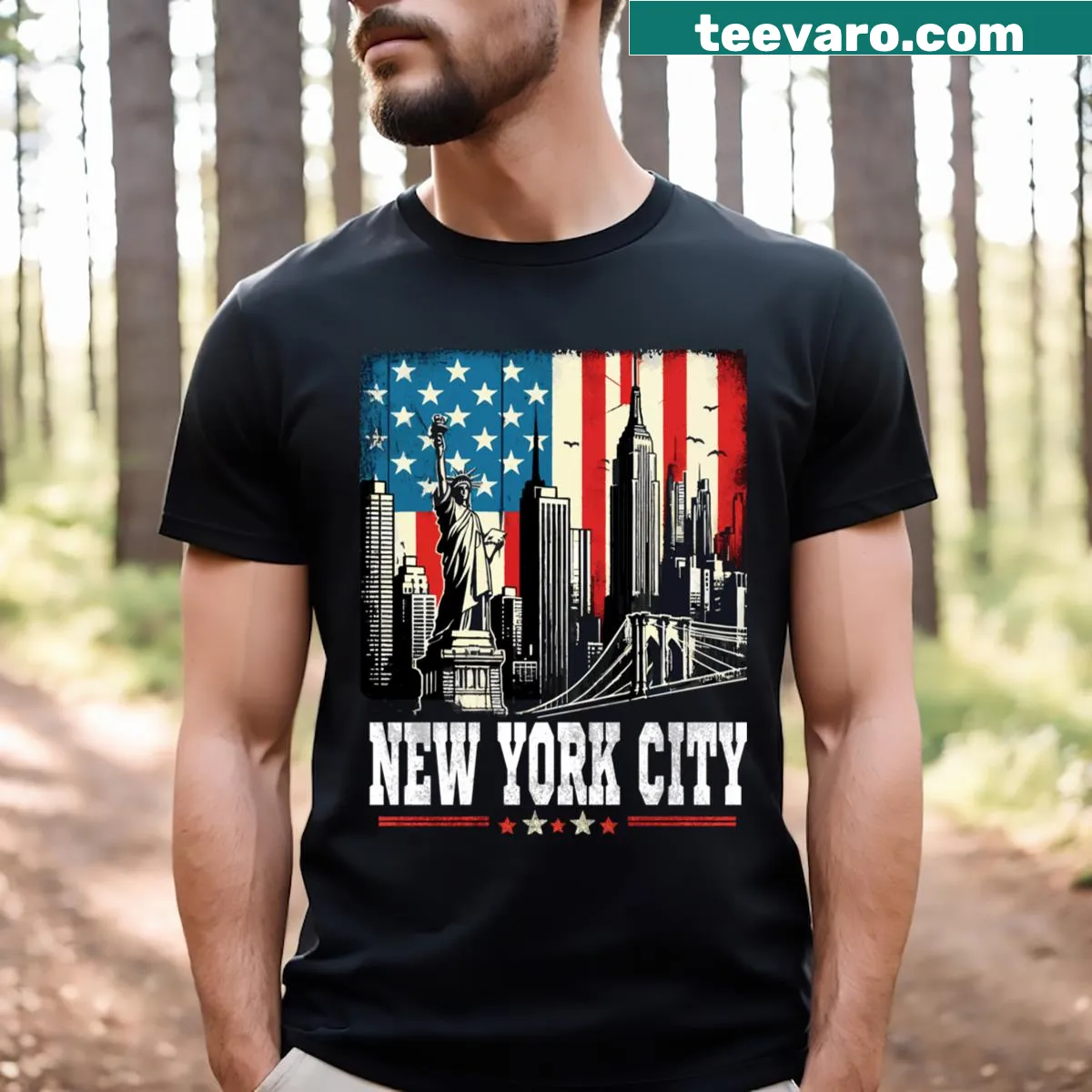 Patriotic T-shirt featuring New York City skyline and flag design — on a men's t-shirt
