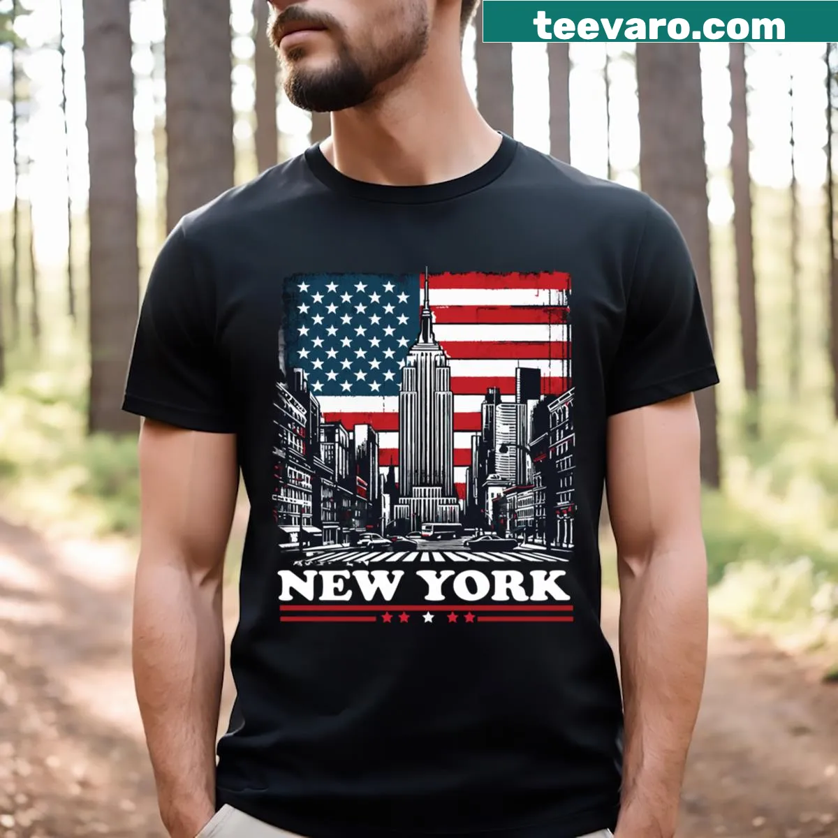 Patriotic T-shirt with New York City skyline and USA flag design — on a men's t-shirt