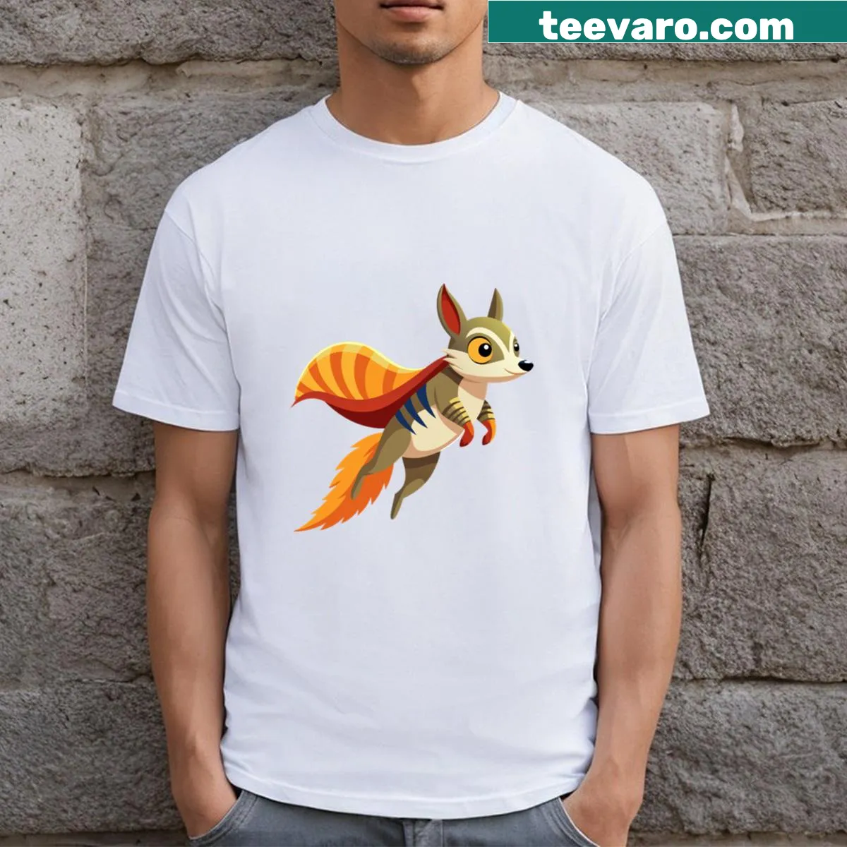 Illustration of Nimble Numbat, a tiny hero, taking flight on a t-shirt — on a men's t-shirt