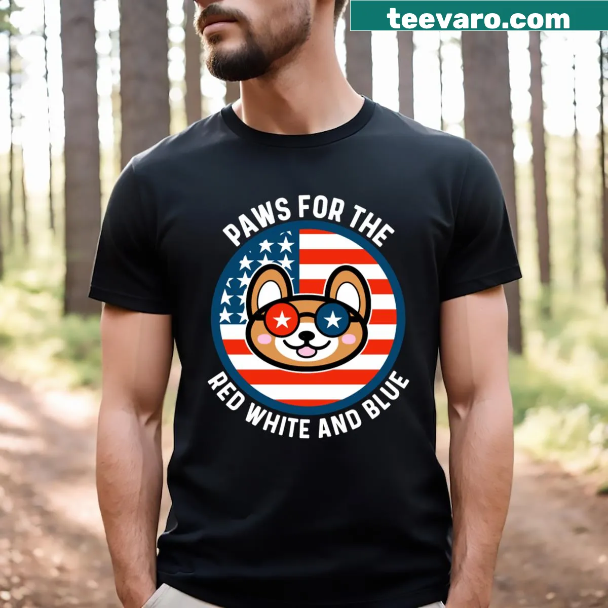 Patriotic T-shirt with a husky dog and American flag elements — on a men's t-shirt