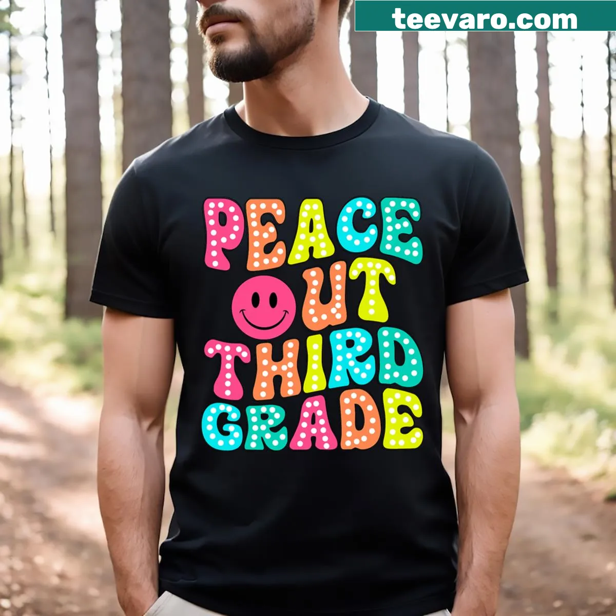 T-shirt with 'Peace Out Third Grade' graphic for teachers — on a men's t-shirt