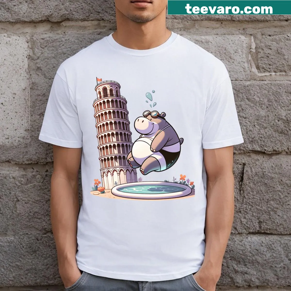 Surreal illustration of a hippopotamus diving into pizza — on a men's t-shirt