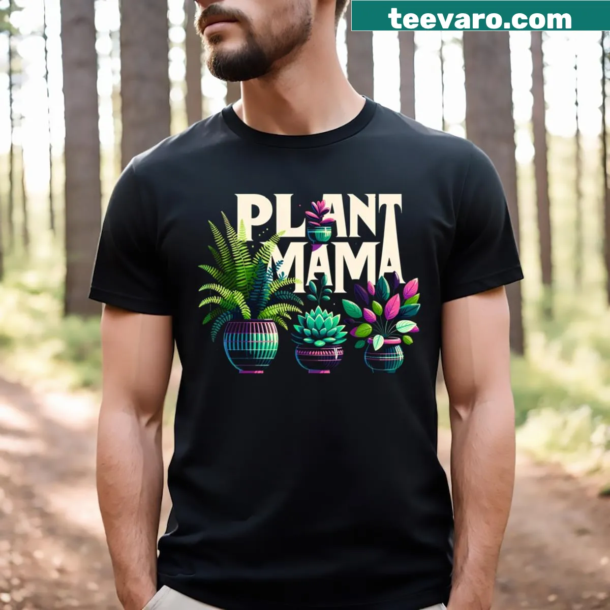 Graphic t-shirt designed for plant lovers, featuring the text 'Plant Mama' — on a men's t-shirt