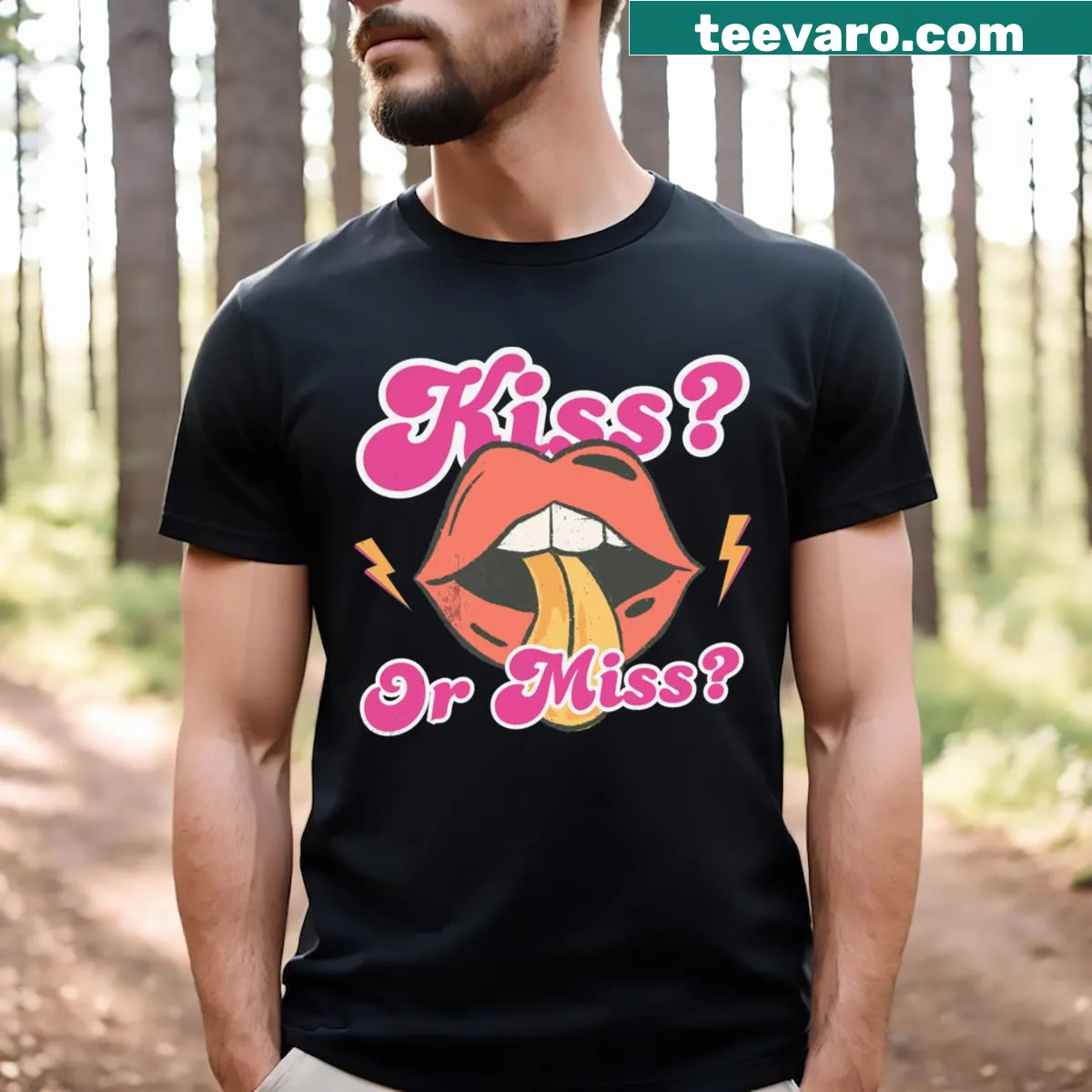 T-shirt with playful 'Kiss Or Miss' text design — on a men's t-shirt