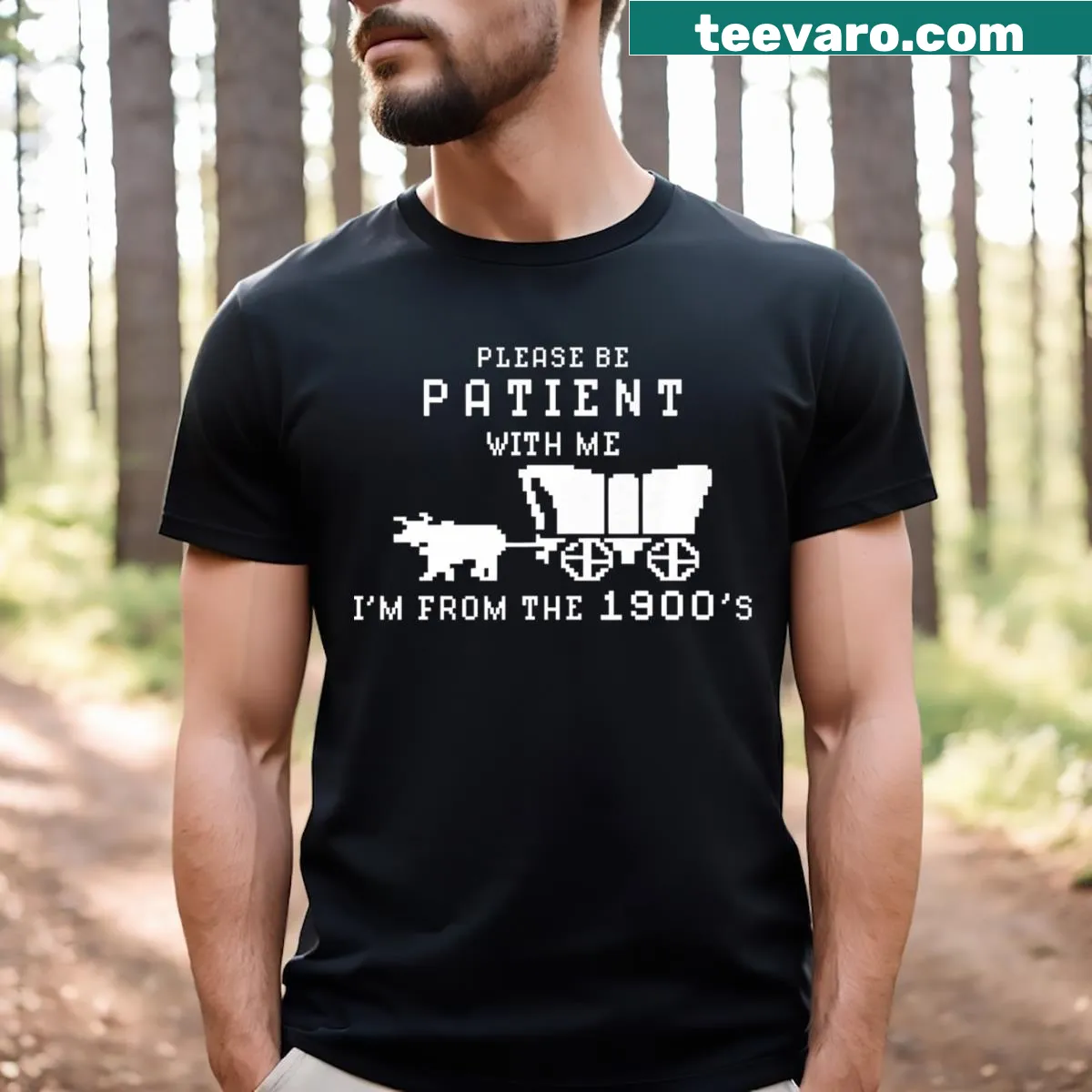 Vintage-style T-shirt with retro text about the 1900's and the Oregon Trail — on a men's t-shirt