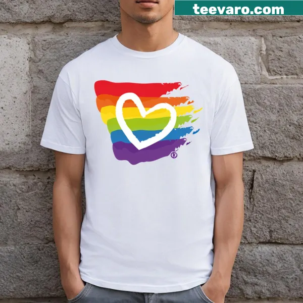 Rainbow text design promoting peace and love on a T-shirt
