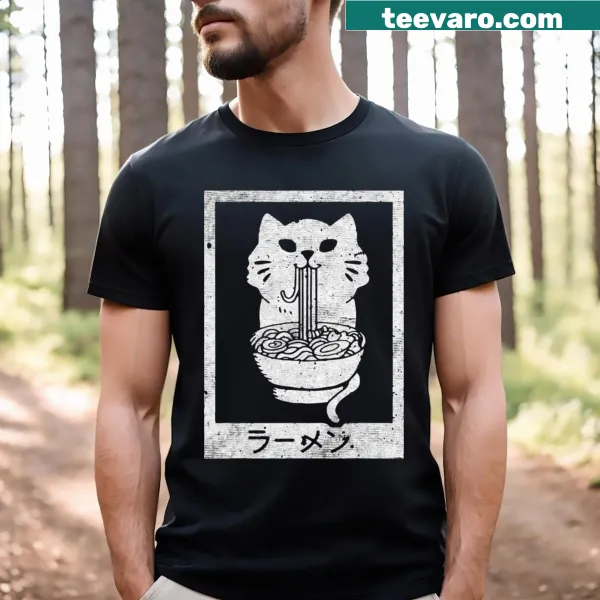 Whimsical illustration of cats in ramen bowls t-shirt