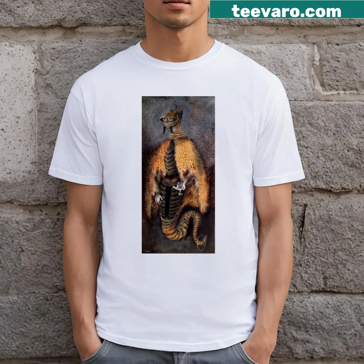 T-shirt featuring artwork inspired by Remedios Varo — on a men's t-shirt