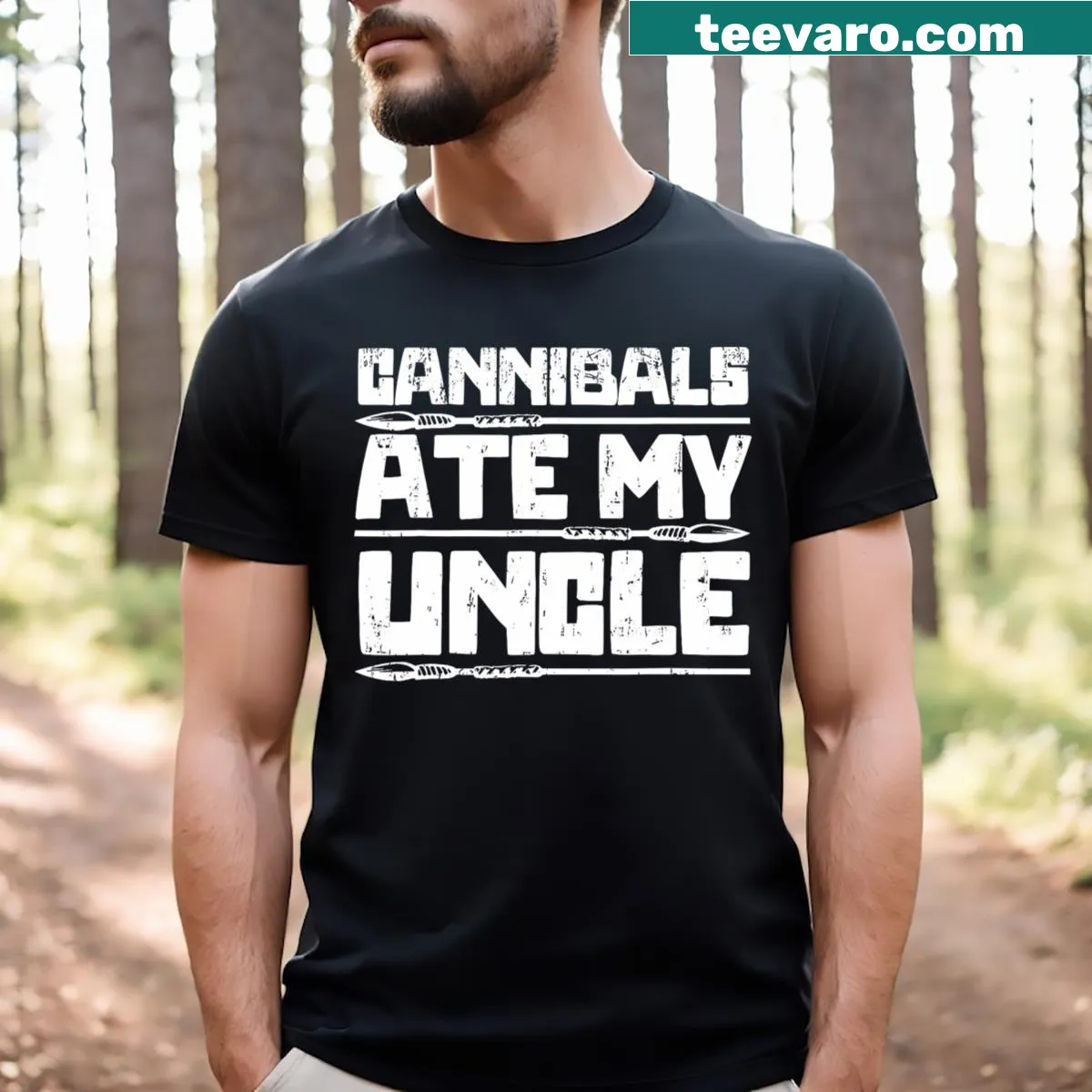Vintage-style T-shirt with text 'Cannibals Ate My Uncle' — on a men's t-shirt