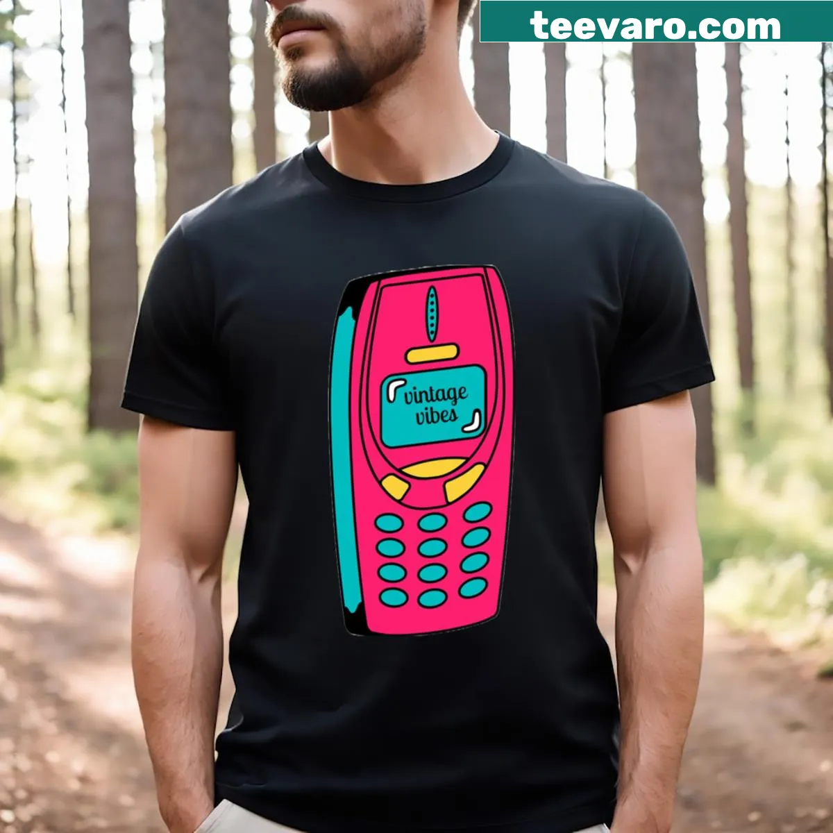 Vintage distressed t-shirt featuring a retro cell phone design — on a men's t-shirt