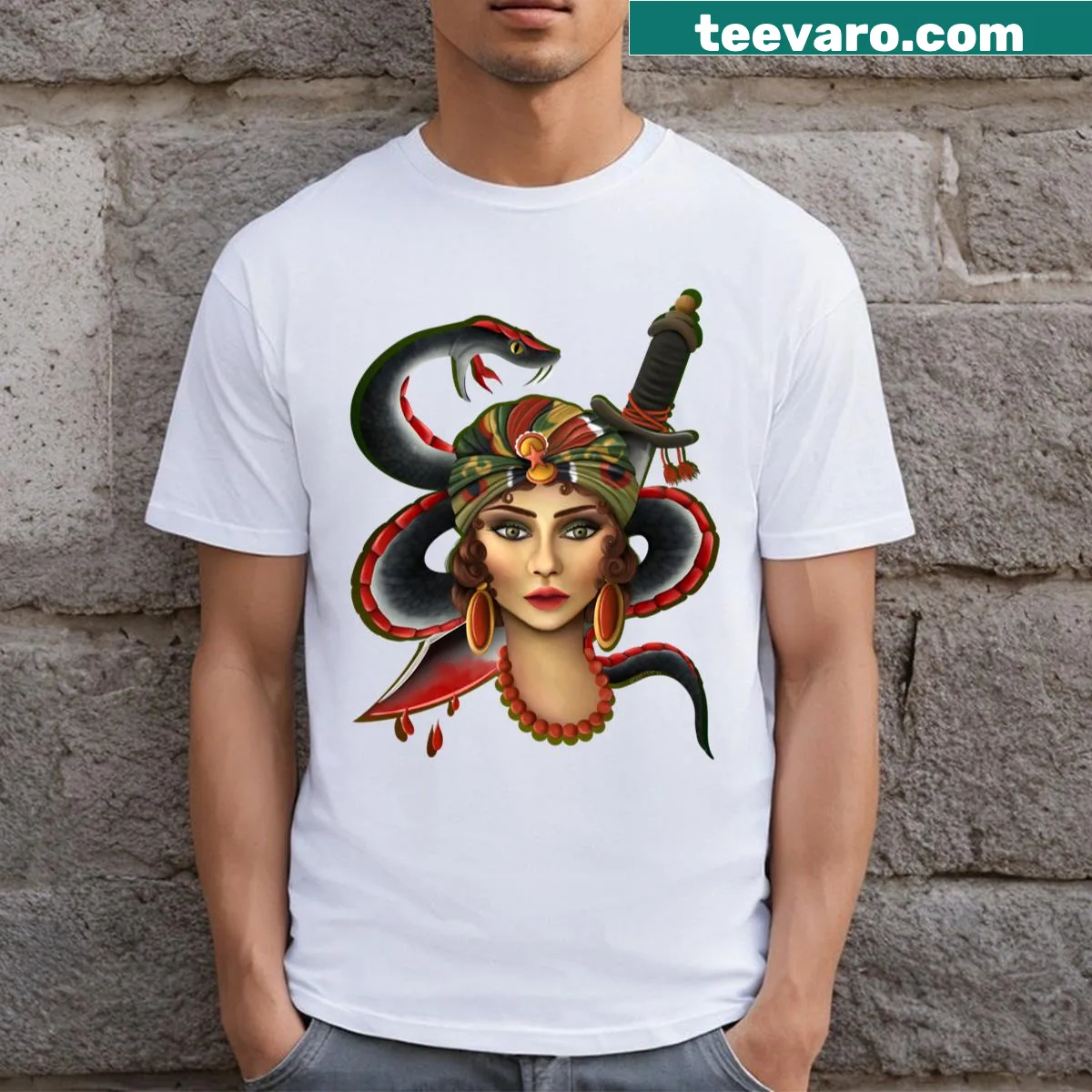 Vintage Sailor Jerry pin-up girl illustration t-shirt. — on a men's t-shirt