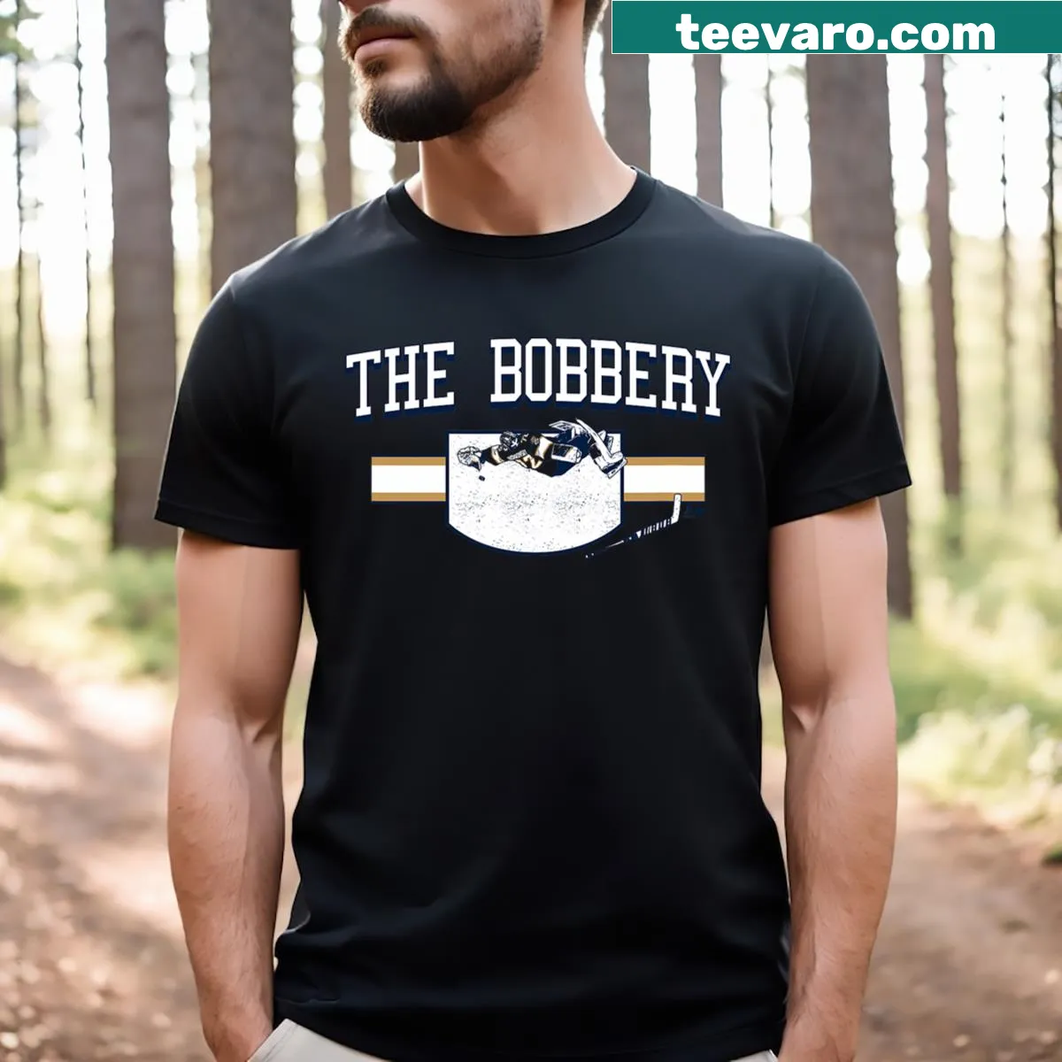 Sergei Bobrovsky Florida Hockey T-shirt with playful graphic of the player — on a men's t-shirt