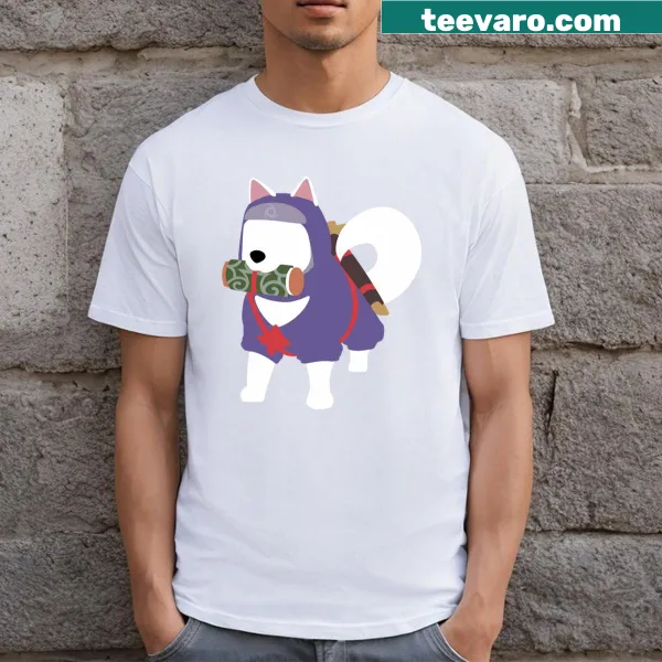 Cartoon graphic of Shiromaru on a playful t-shirt