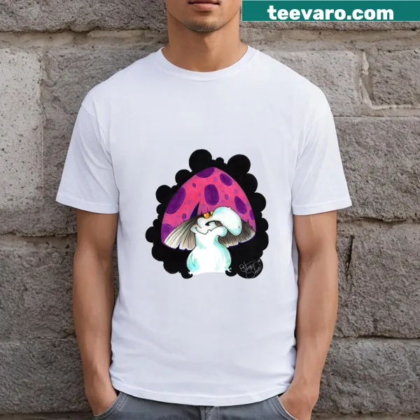 Shroomy T-shirt featuring a cute cartoon illustration of a character with mushrooms.