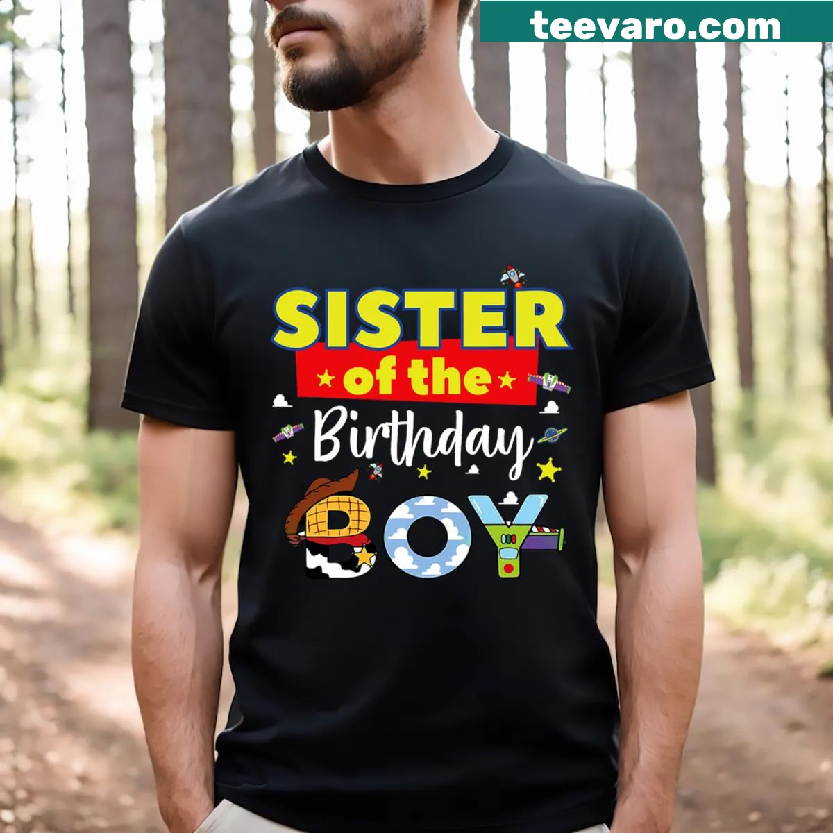 Illustrative graphic celebrating the sister of the birthday boy on a t-shirt — on a men's t-shirt