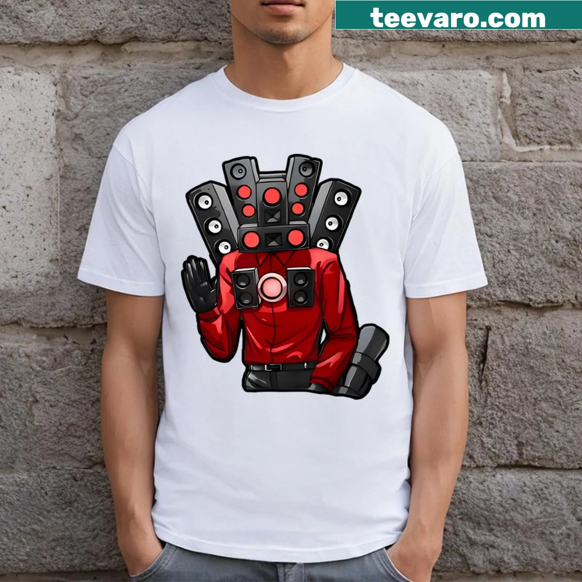 Cartoon graphic of the Skibidi Toilet meme on a t-shirt — on a men's t-shirt