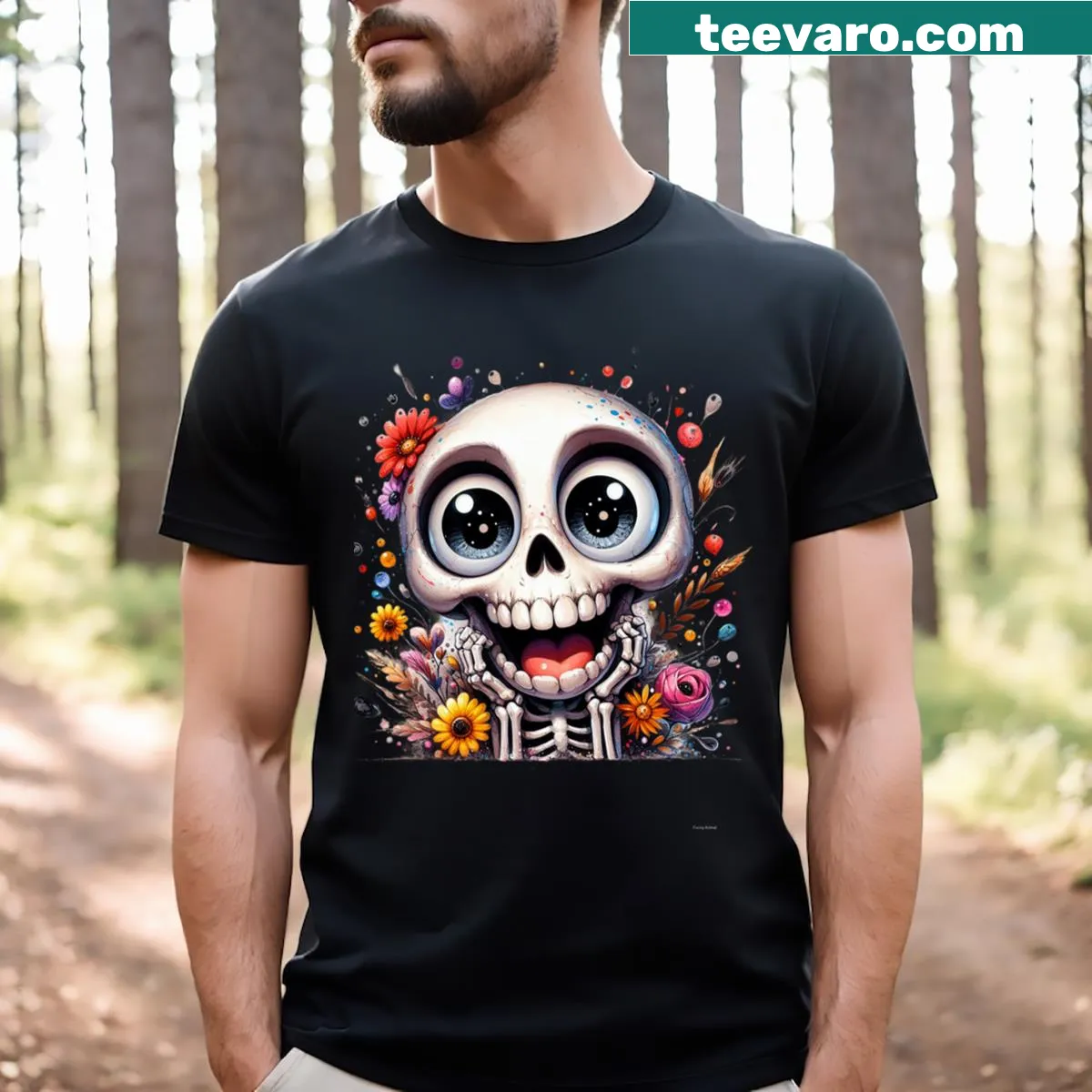 Skull t-shirt with a happy face and flowers design — on a men's t-shirt