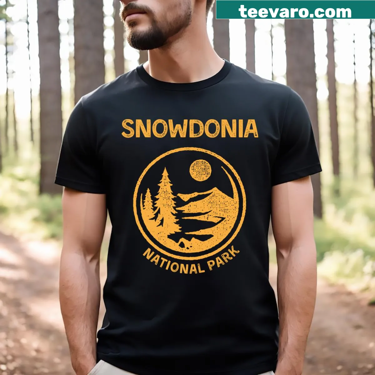 Illustrative tee depicting Snowdonia National Park's scenic beauty, perfect for nature lovers. — on a men's t-shirt