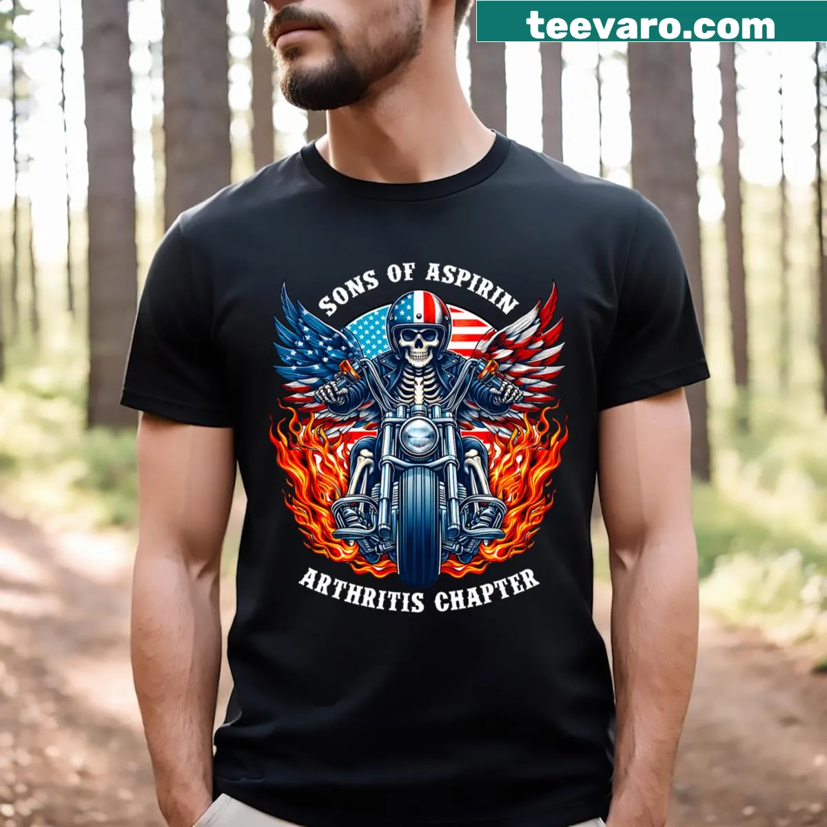 Skeleton rider t-shirt with 'Sons Of Aspirin Arthritis Chapter' text — on a men's t-shirt