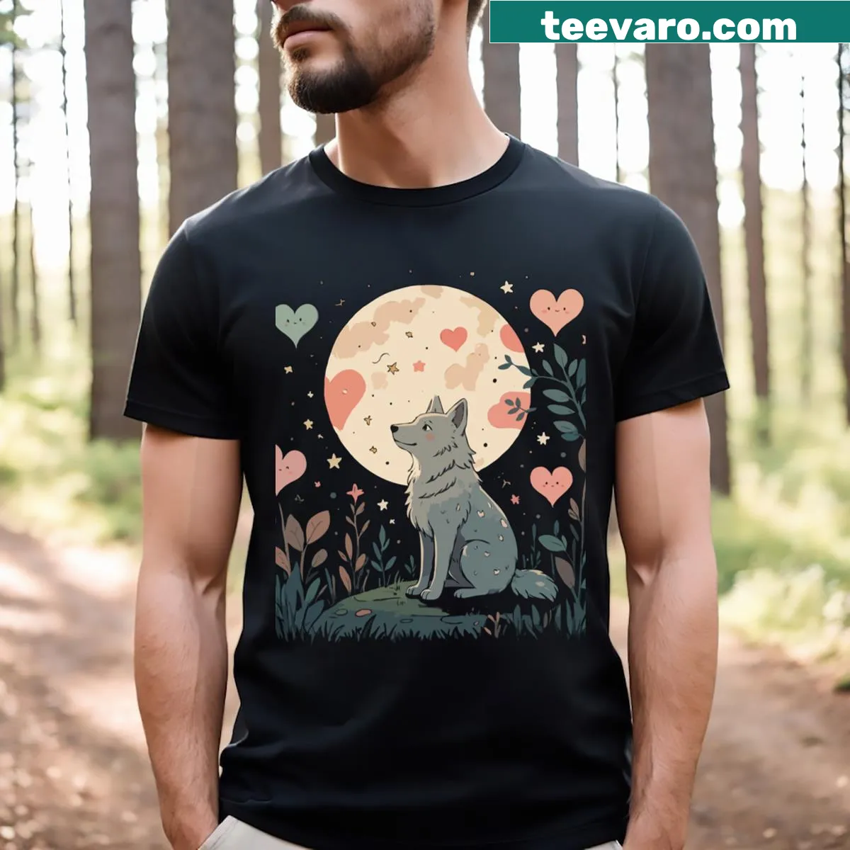 Illustration of a white wolf pup symbolizing friendship — on a men's t-shirt