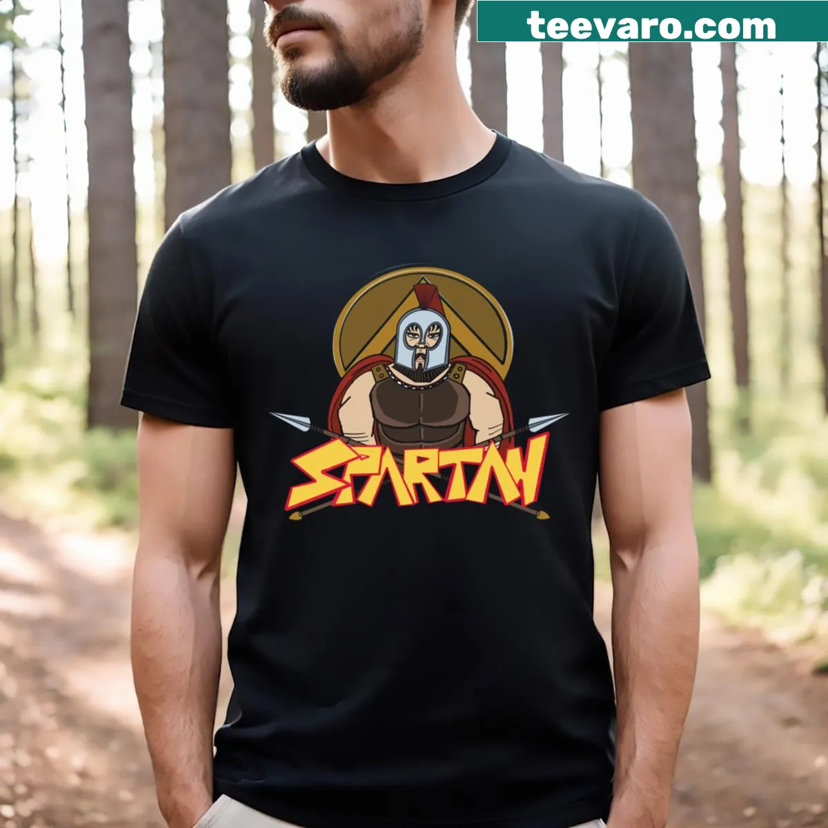 Spartan warrior graphic on a black background T-shirt — on a men's t-shirt