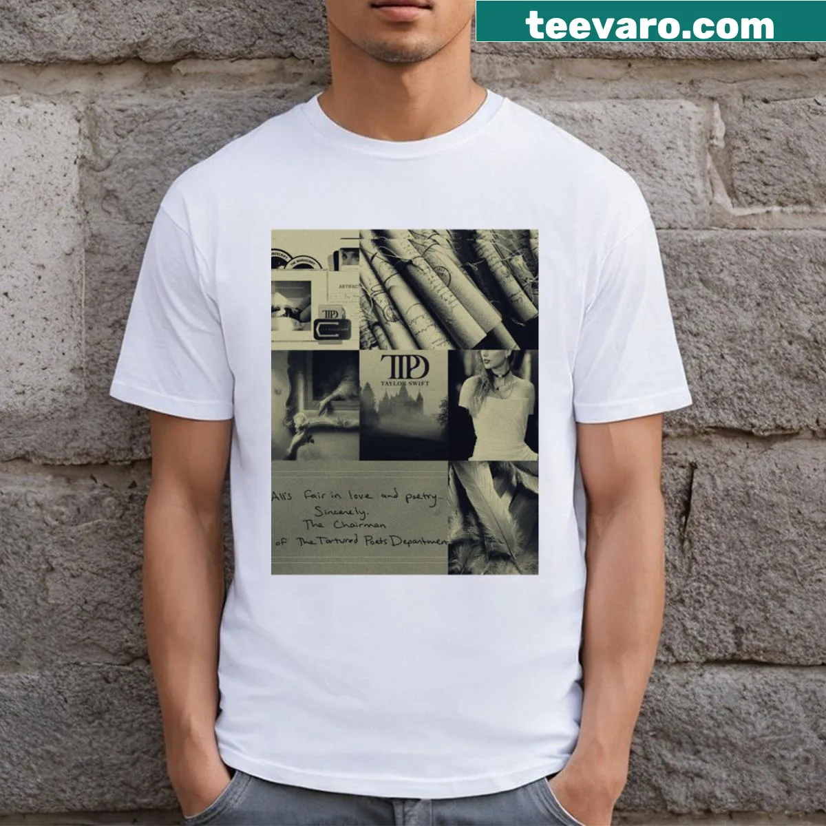 Creative T-shirt for writers with The Tortured Poets Department text — on a men's t-shirt