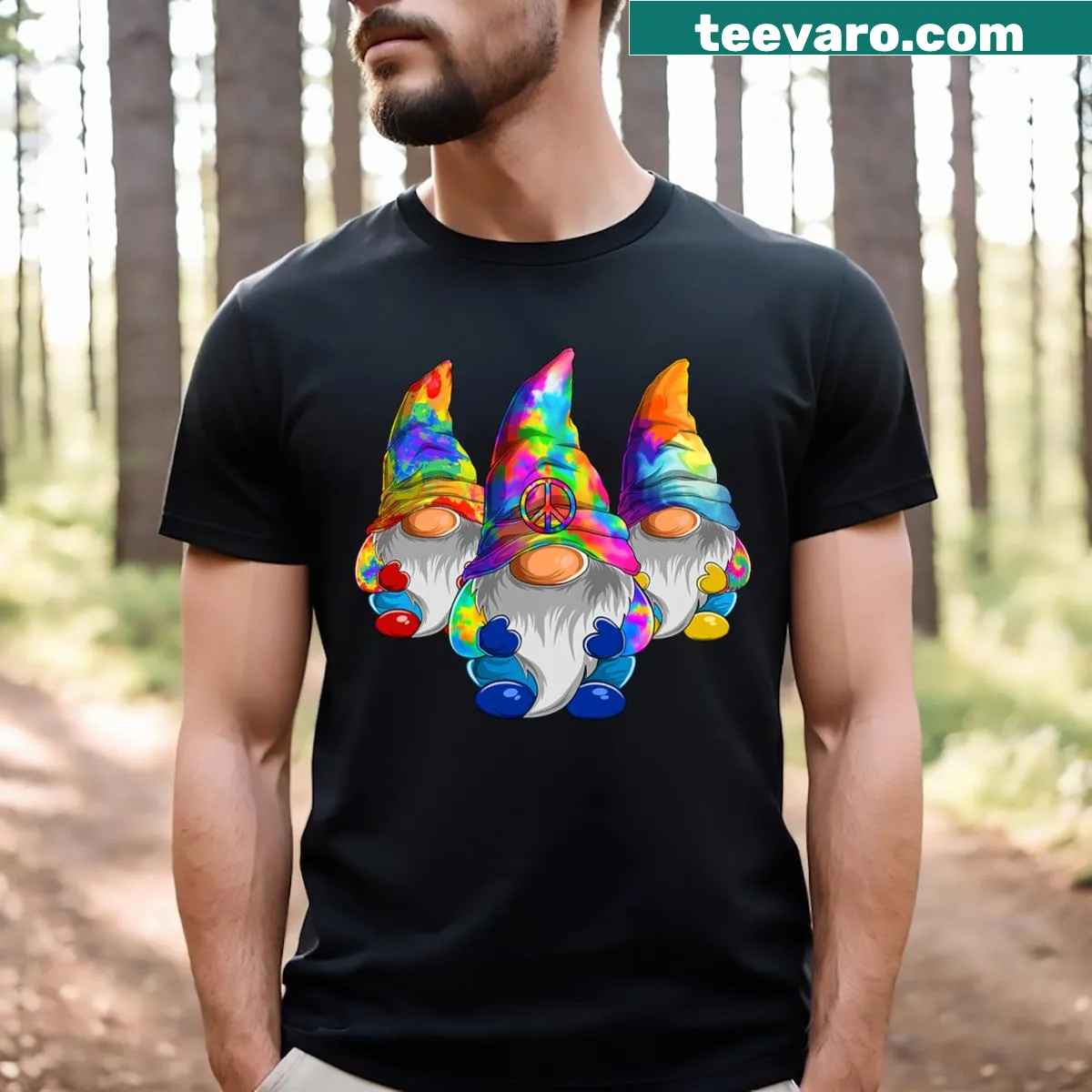 Retro tie-dye T-shirt with three hippie gnomes and 'Peace Love Gnomies' — on a men's t-shirt