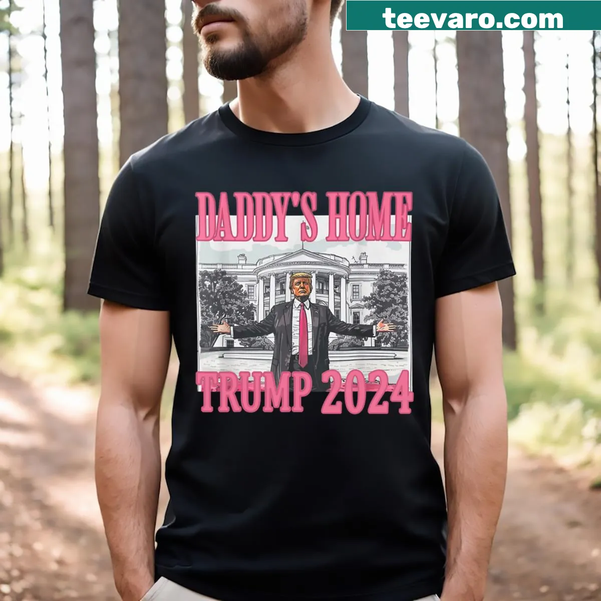 Trump 2024 T-shirt with humorous text 'Daddys Home' — on a men's t-shirt