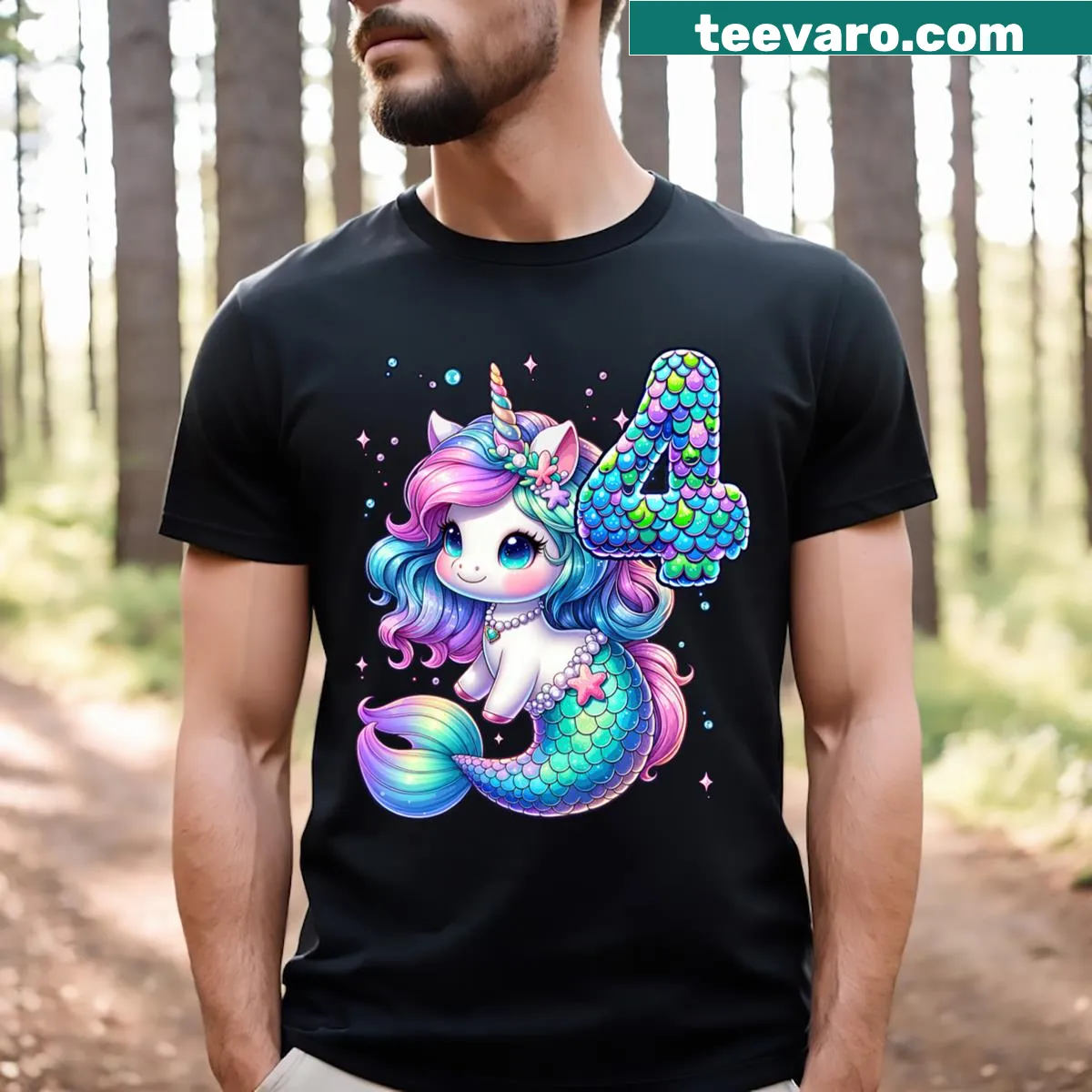 Whimsical unicorn and mermaid graphic for a 4th birthday T-shirt — on a men's t-shirt
