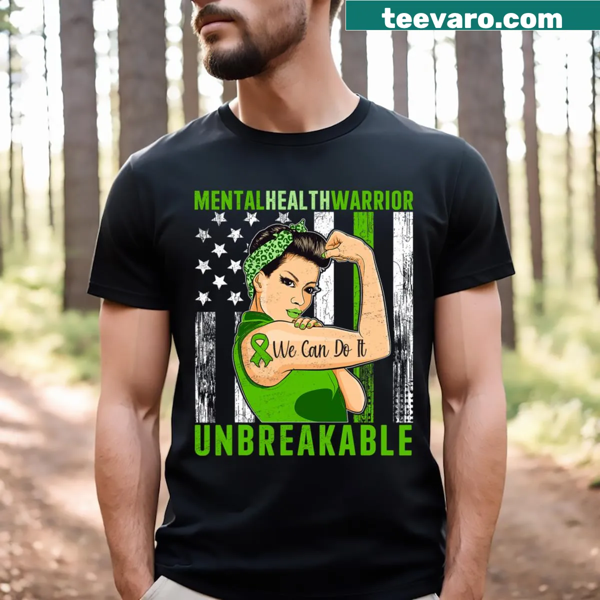 Vintage American flag t-shirt with mental health support message — on a men's t-shirt