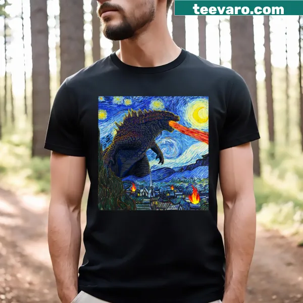 Illustrated T-shirt featuring Japanese Kaiju in Van Gogh's Starry Night