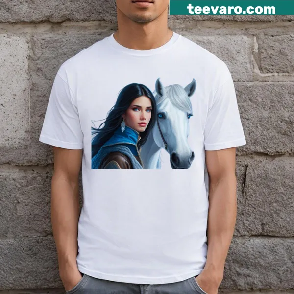 Shirt featuring a white horse and a beautiful girl in artistic design