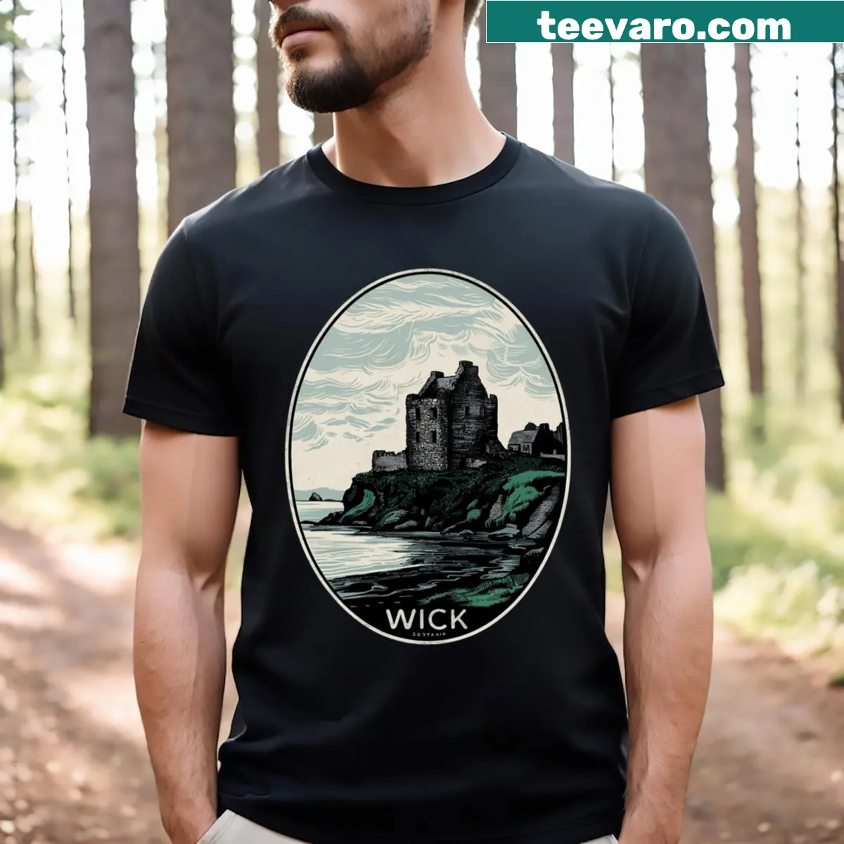 Wick Scotland t-shirt featuring iconic Scottish imagery — on a men's t-shirt
