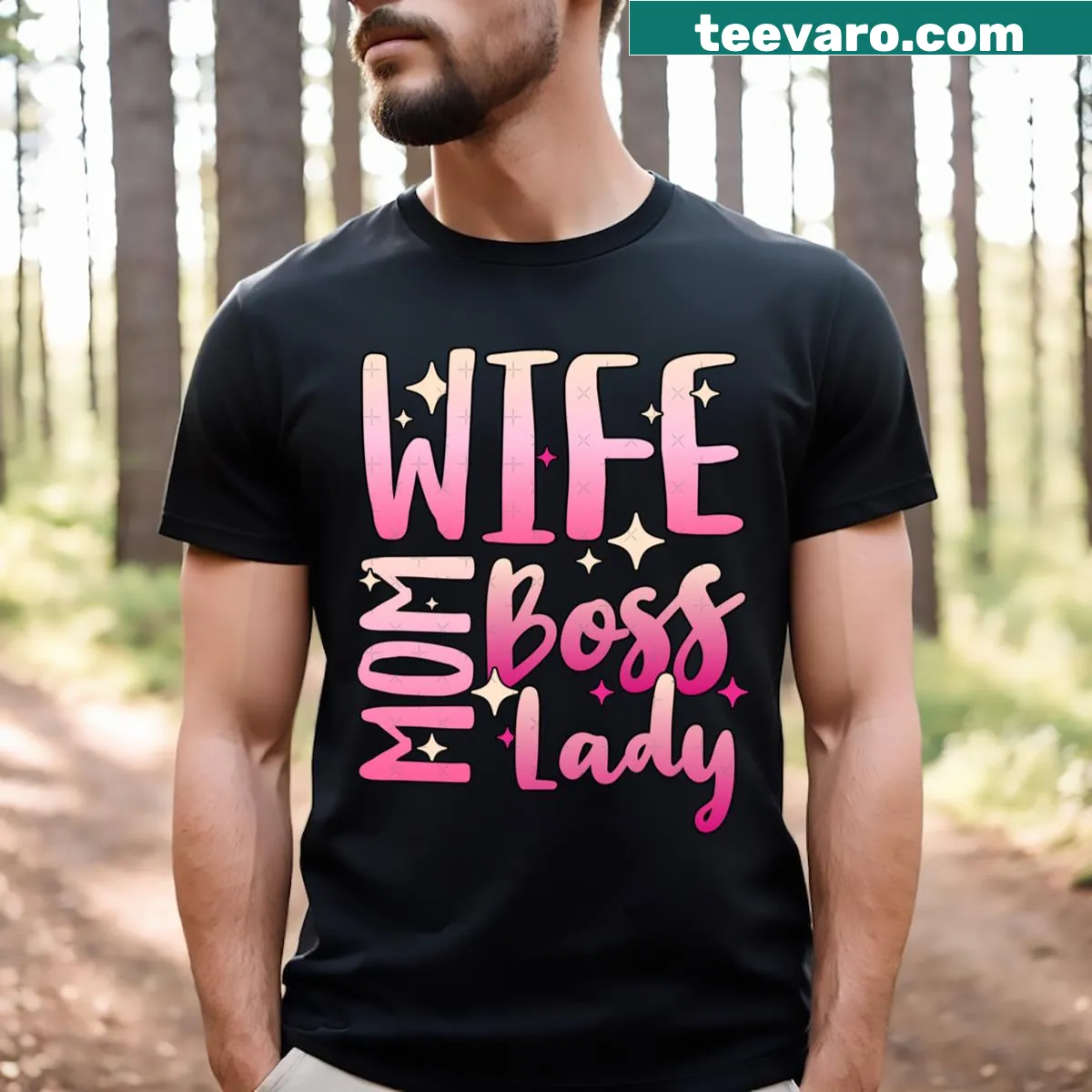 Inspirational t-shirt with bold text celebrating moms as wives and bosses. — on a men's t-shirt