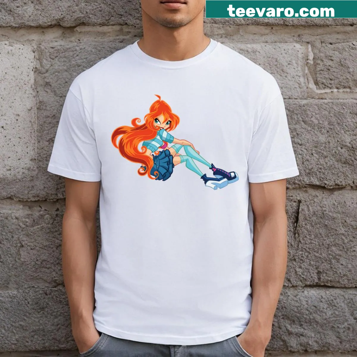 Illustrated Bloom from Winx on a playful t-shirt for fans of the series. — on a men's t-shirt