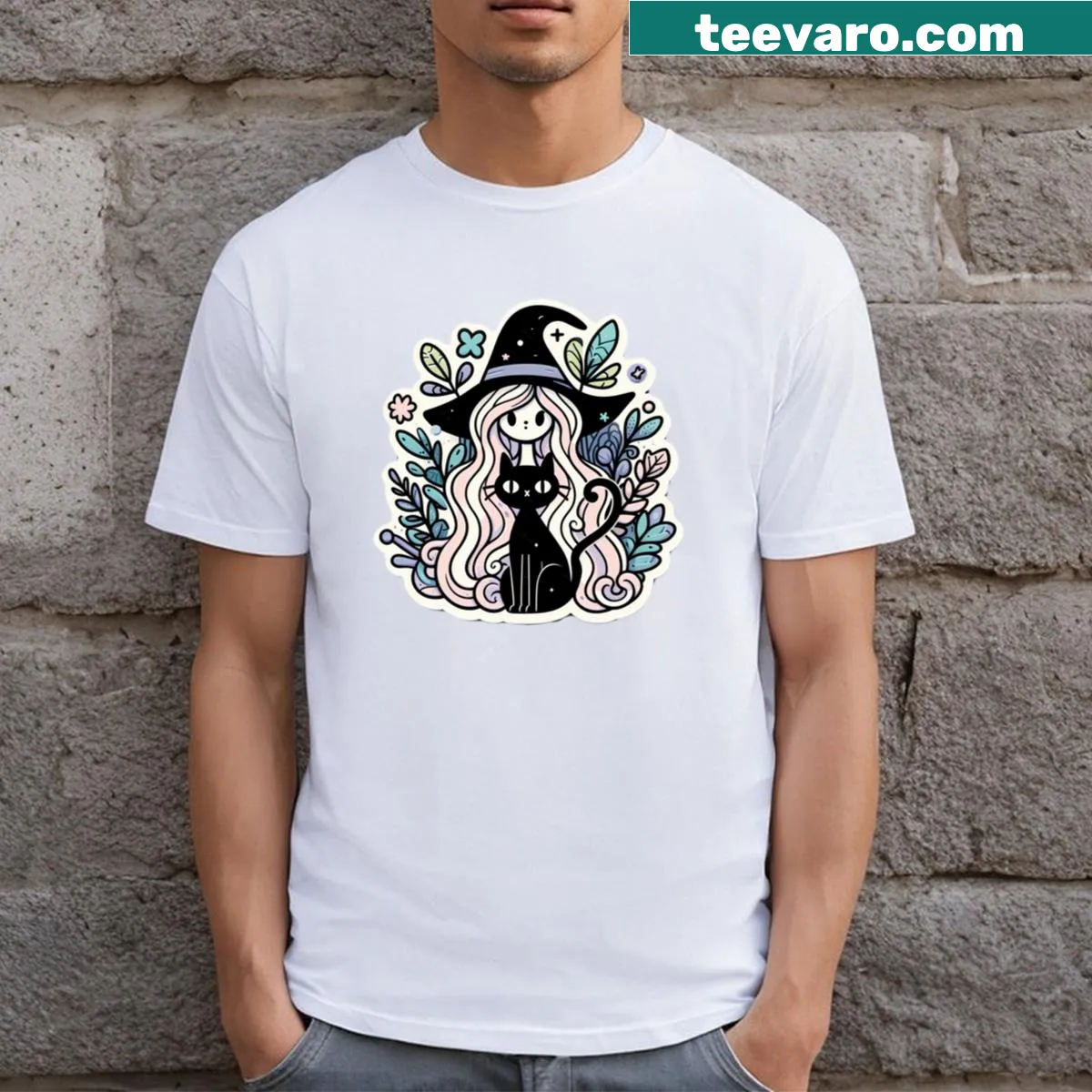 T-shirt with a witch, flowers, and a black cat in a whimsical design — on a men's t-shirt