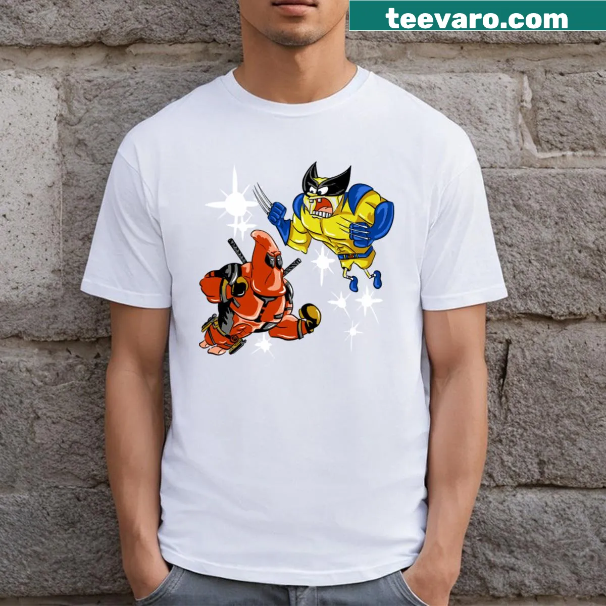 Wolverbob Vs Patrickool T-shirt featuring whimsical graphic — on a men's t-shirt