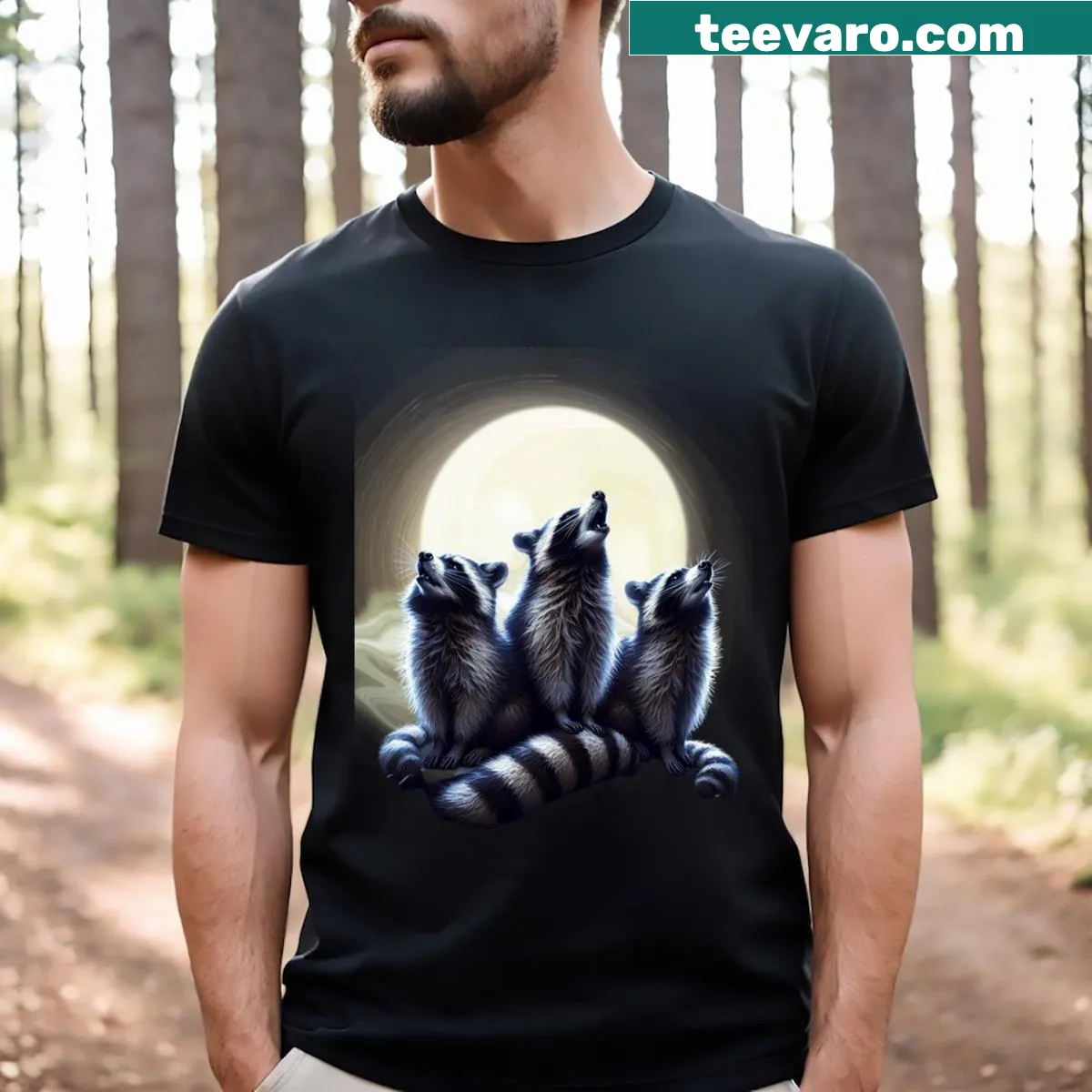 Cartoon raccoon howling at the moon T-shirt for men and kids — on a men's t-shirt