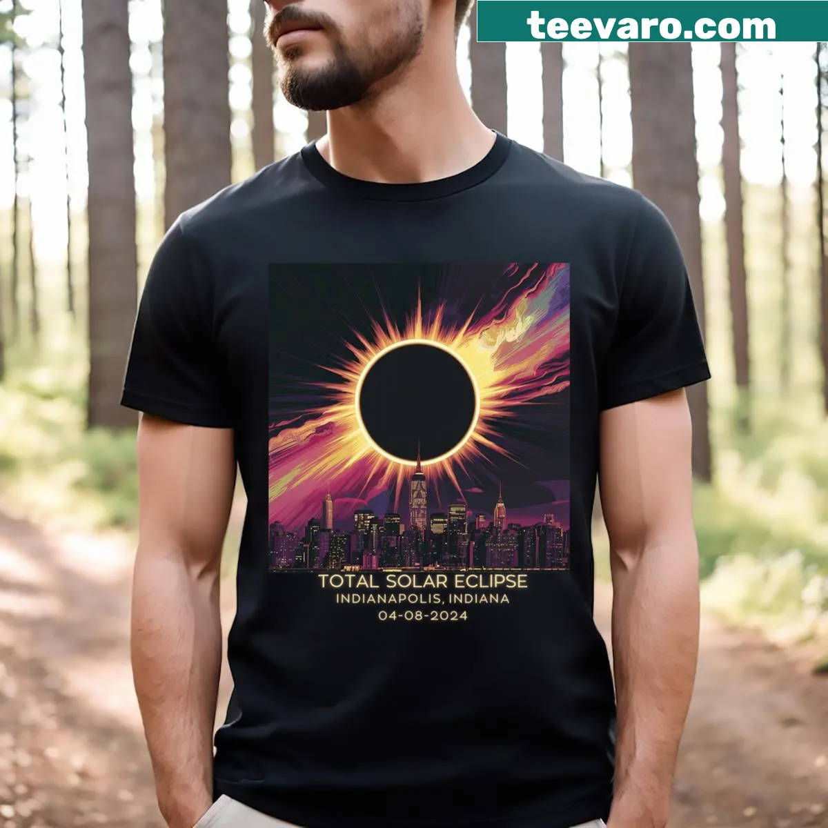 Total Solar Eclipse April 2024 T-shirt with event details — on a men's t-shirt