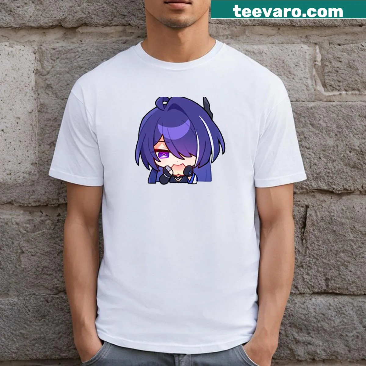 Acheron with sticker peaches T-shirt from Honkai Star Rail — on a men's t-shirt
