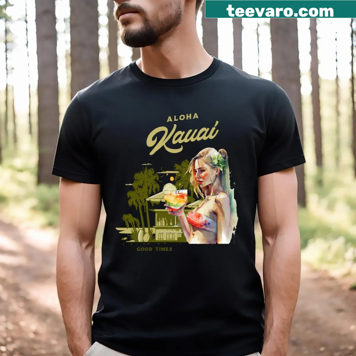 T-shirt celebrating Kauai with playful illustrations and typography — on a men's t-shirt