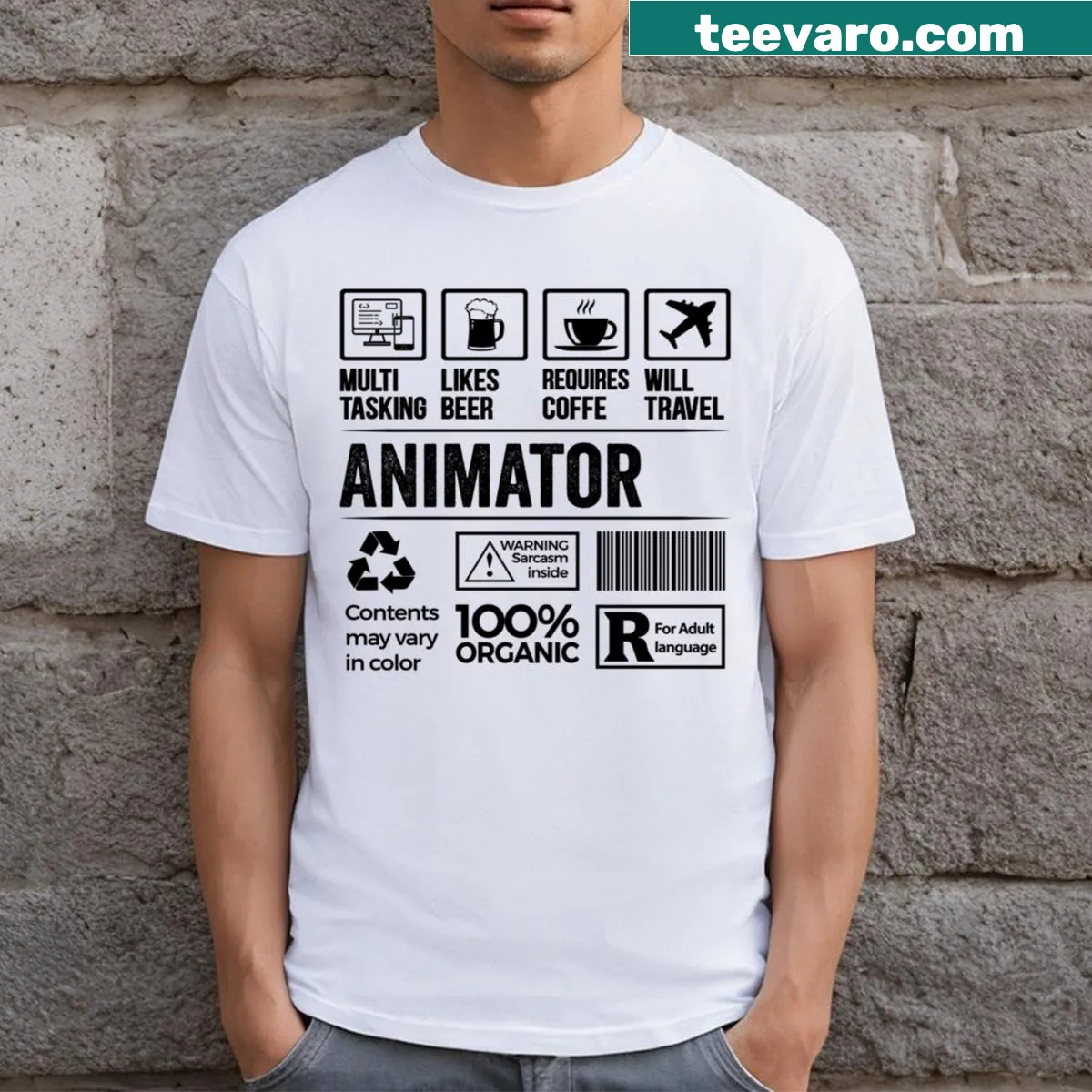 Funny Animator shirt featuring a playful multitasking slogan — on a men's t-shirt