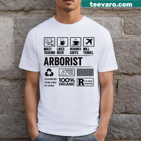 Humorous Arborist T-shirt with multitasking coffee slogan