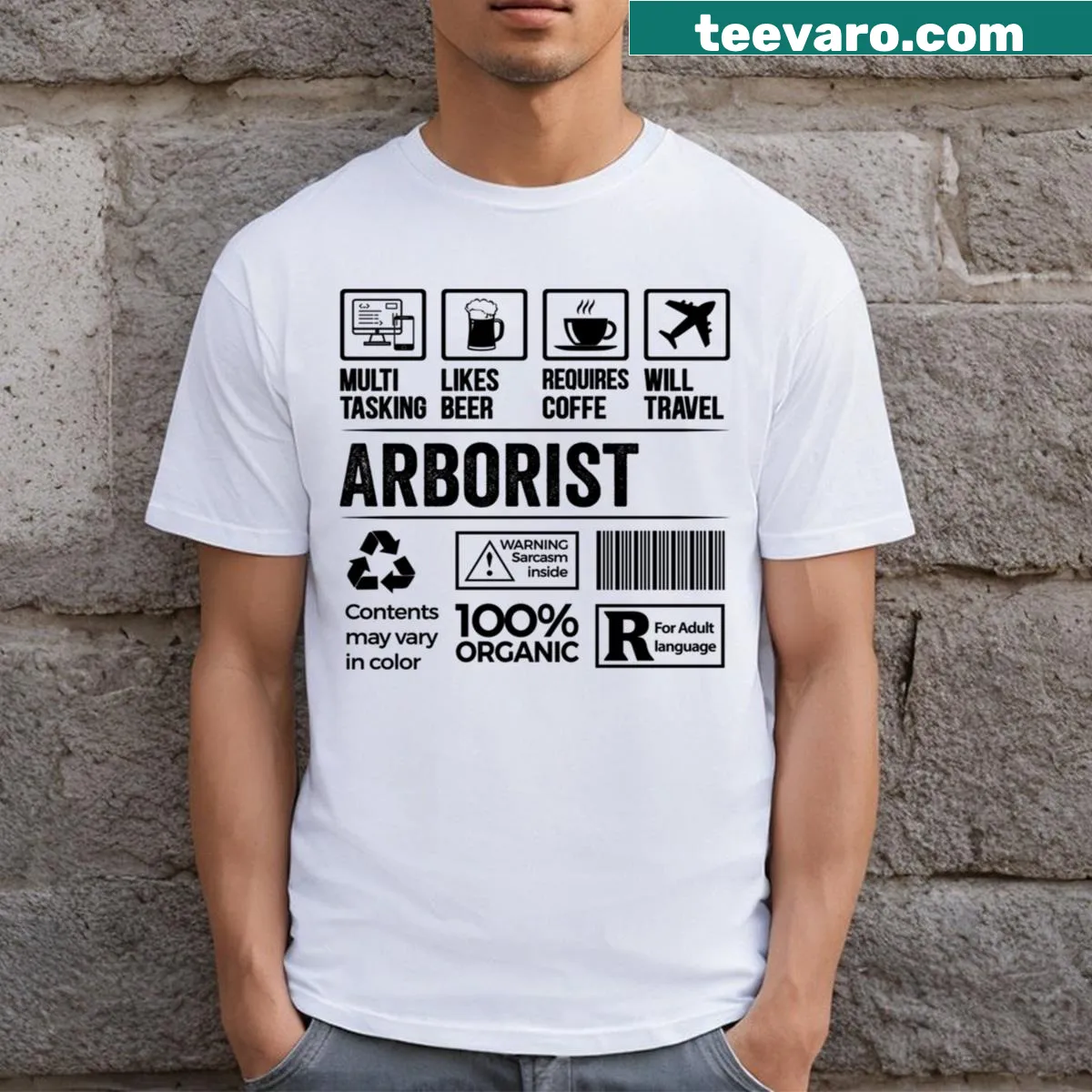 Humorous Arborist T-shirt with multitasking coffee slogan — on a men's t-shirt